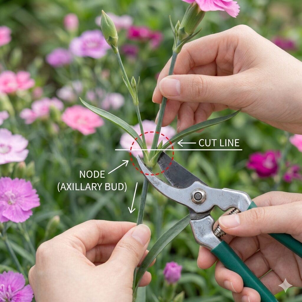 カーネーション 蕾咲かない7 カーネーションの脇芽を増やすための正しい切り戻し・剪定の位置