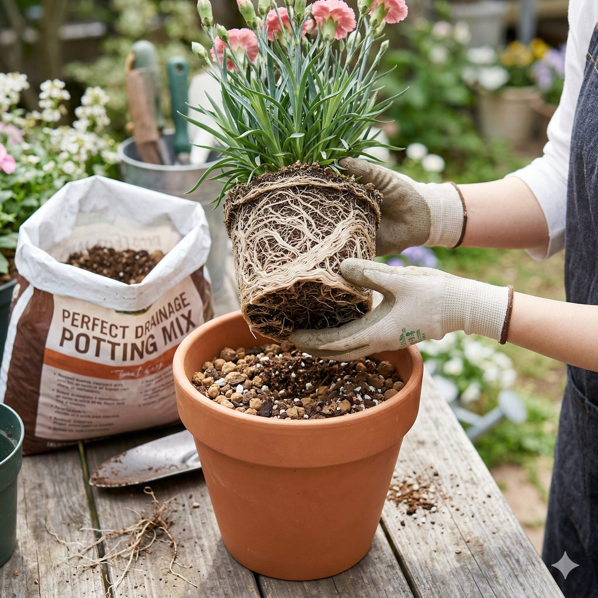 カーネーション 蕾咲かない8 鉢底まで根が回ったカーネーションの根詰まり状態と植え替えの準備