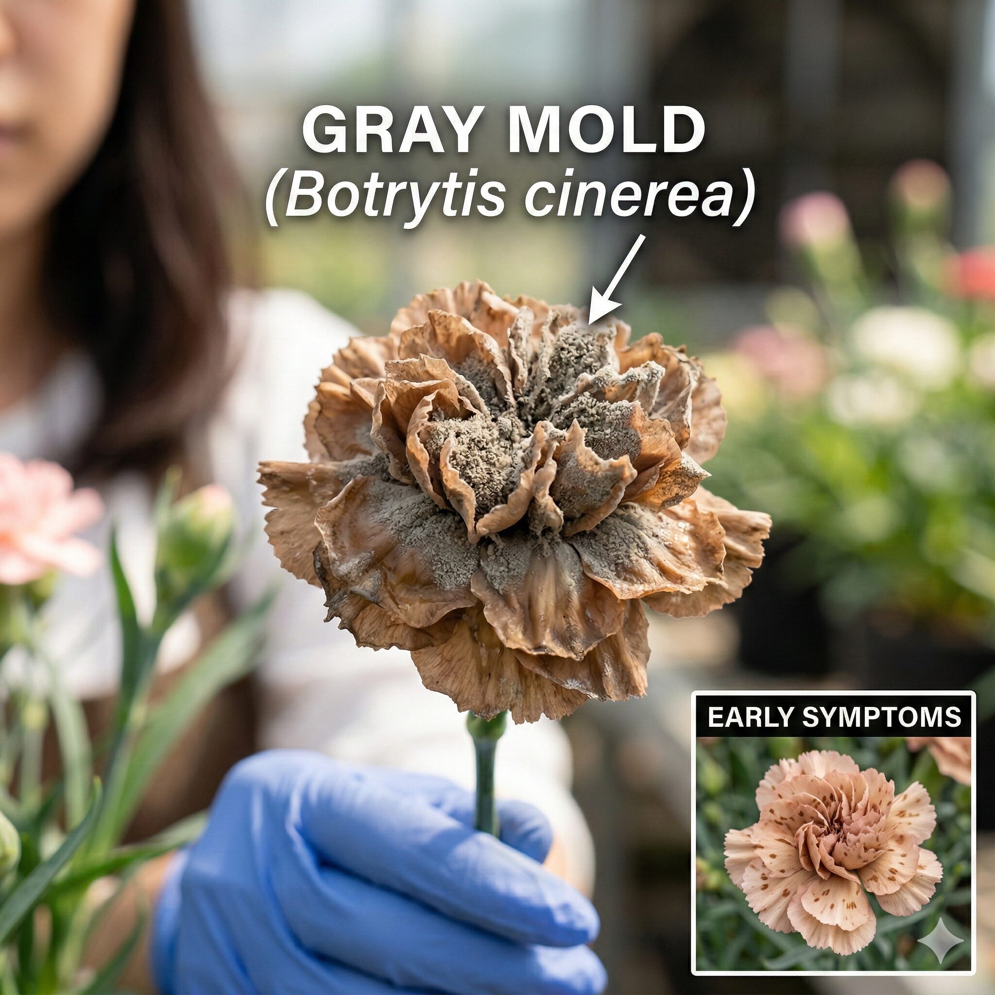 カーネーション 蕾咲かない9 灰色かび病(ボトリチス病)に感染して腐敗したカーネーションの花