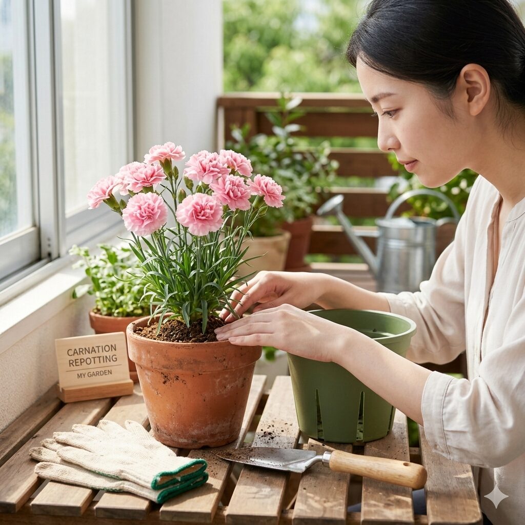 カーネーション 鉢植え 植え替え1　 春の陽気の中で植え替えを待つ、満開のピンクのカーネーションの鉢植えと園芸道具