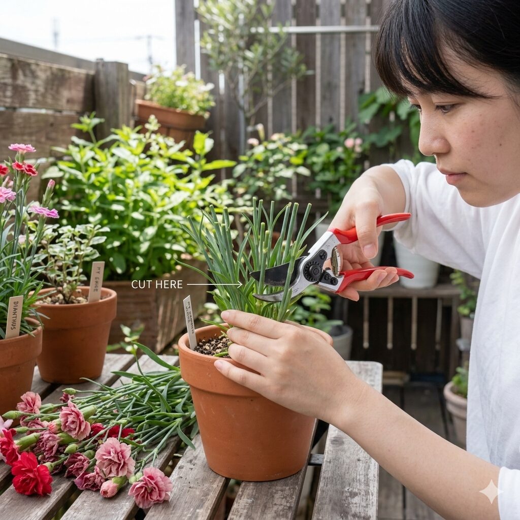 カーネーション 鉢植え 植え替え10 梅雨前にカーネーションの株全体を3分の1の高さまで大胆に切り戻す剪定作業の様子