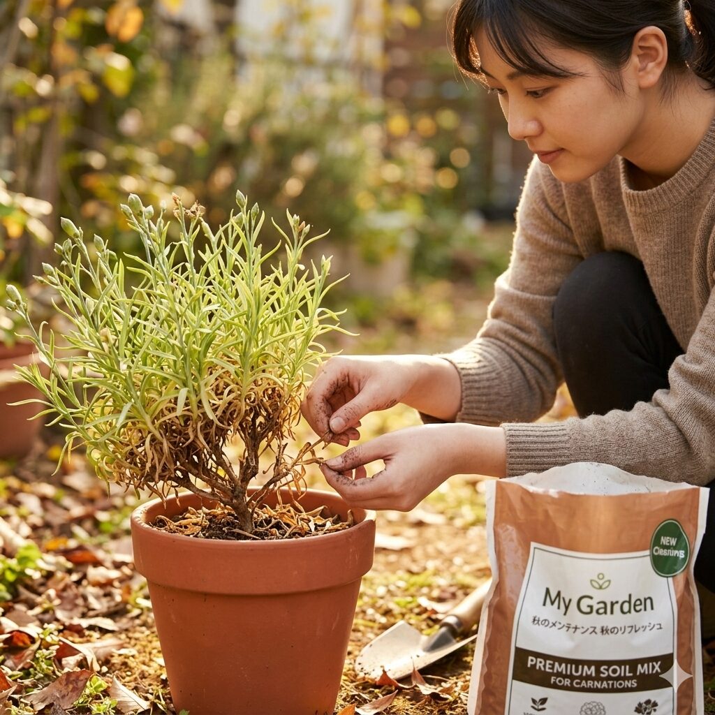 カーネーション 鉢植え 植え替え3 秋のベランダで、夏のダメージをケアするためにカーネーションの古い葉を摘み取る様子