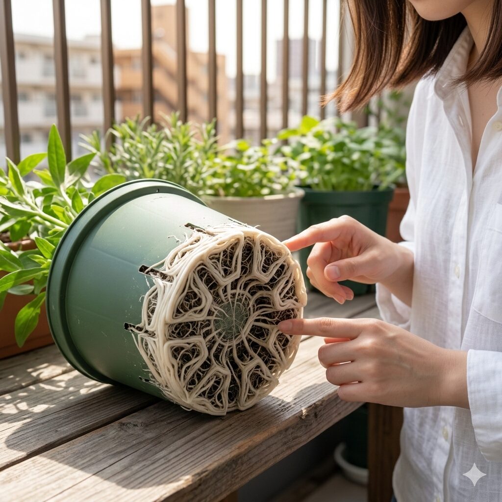 カーネーション 鉢植え 植え替え4 スリット鉢の底から螺旋を描きながら硬く飛び出した、カーネーションの根詰まりのサイン