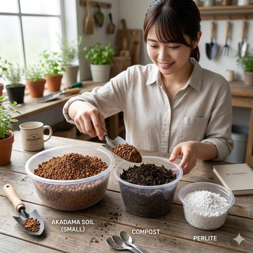 カーネーション 鉢植え 植え替え5 カーネーションの植え替え用に用意された、赤玉土、腐葉土、パーライトの3種類の用土資材