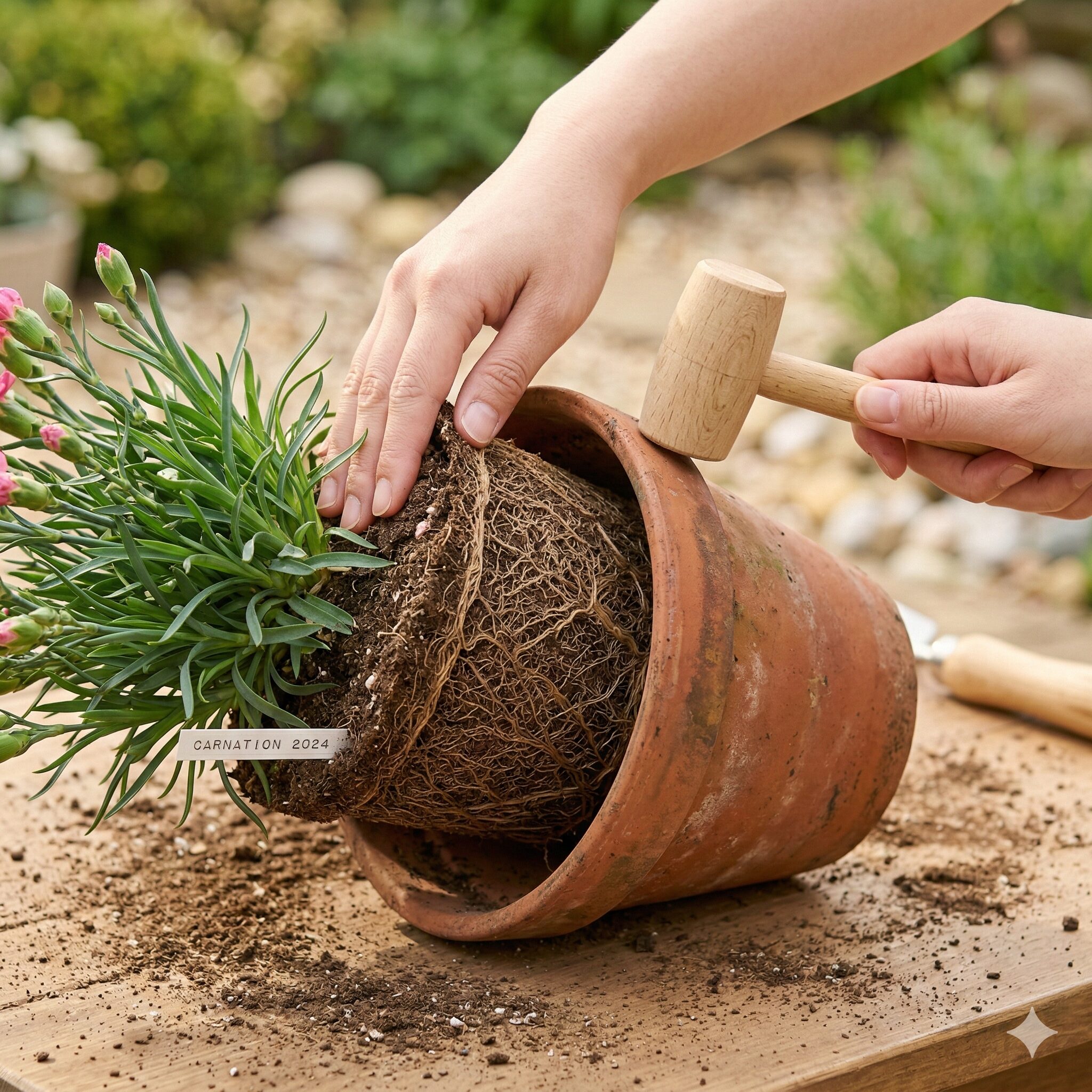 カーネーション 鉢植え 植え替え8 茎を持たず鉢を叩いて、カーネーションの根鉢を古い鉢から優しくスライドさせて抜き取る様子