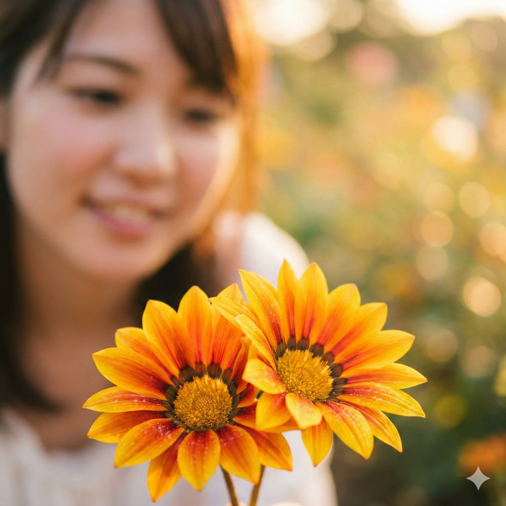 ガザニア 花言葉 怖い2 「蜜月」という花言葉を象徴するような、寄り添って咲く2輪の仲睦まじいガザニア。