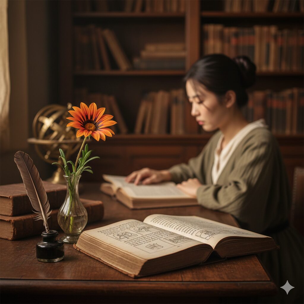 ガザニア 花言葉 怖い6 属名の由来となった学者テオドルス・ガザを象徴する、古書とガザニアの知的なイメージ。