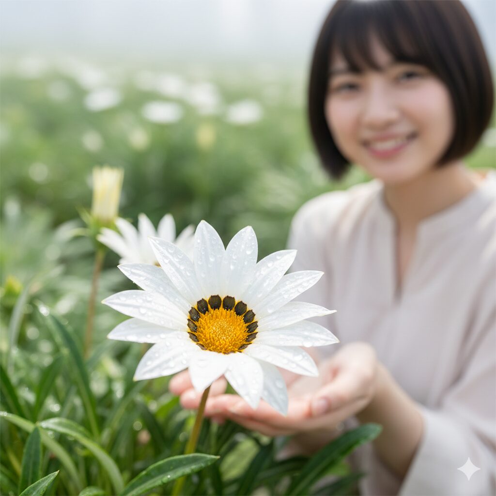 ガザニア 花言葉 怖い8 「潔白」という花言葉を持つ、清らかで美しい白いガザニアの花。