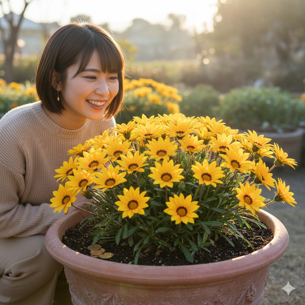 ガザニア 花言葉 怖い9 金運向上を象徴する「トレジャー・フラワー(財宝の花)」とも呼ばれる黄色いガザニア。