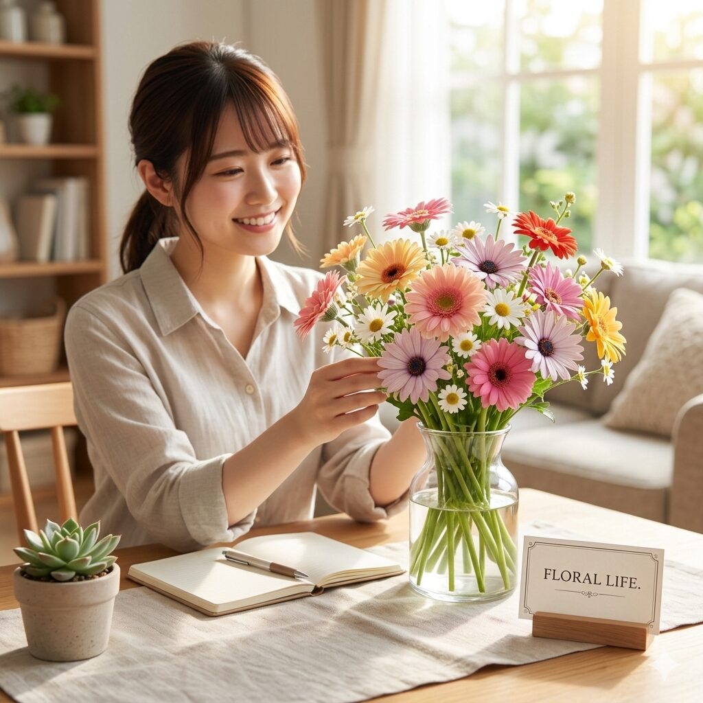 ガーベラ 似てる花1　ガーベラとその類似種をミックスして生けた、明るい室内のおしゃれなフラワーアレンジメント