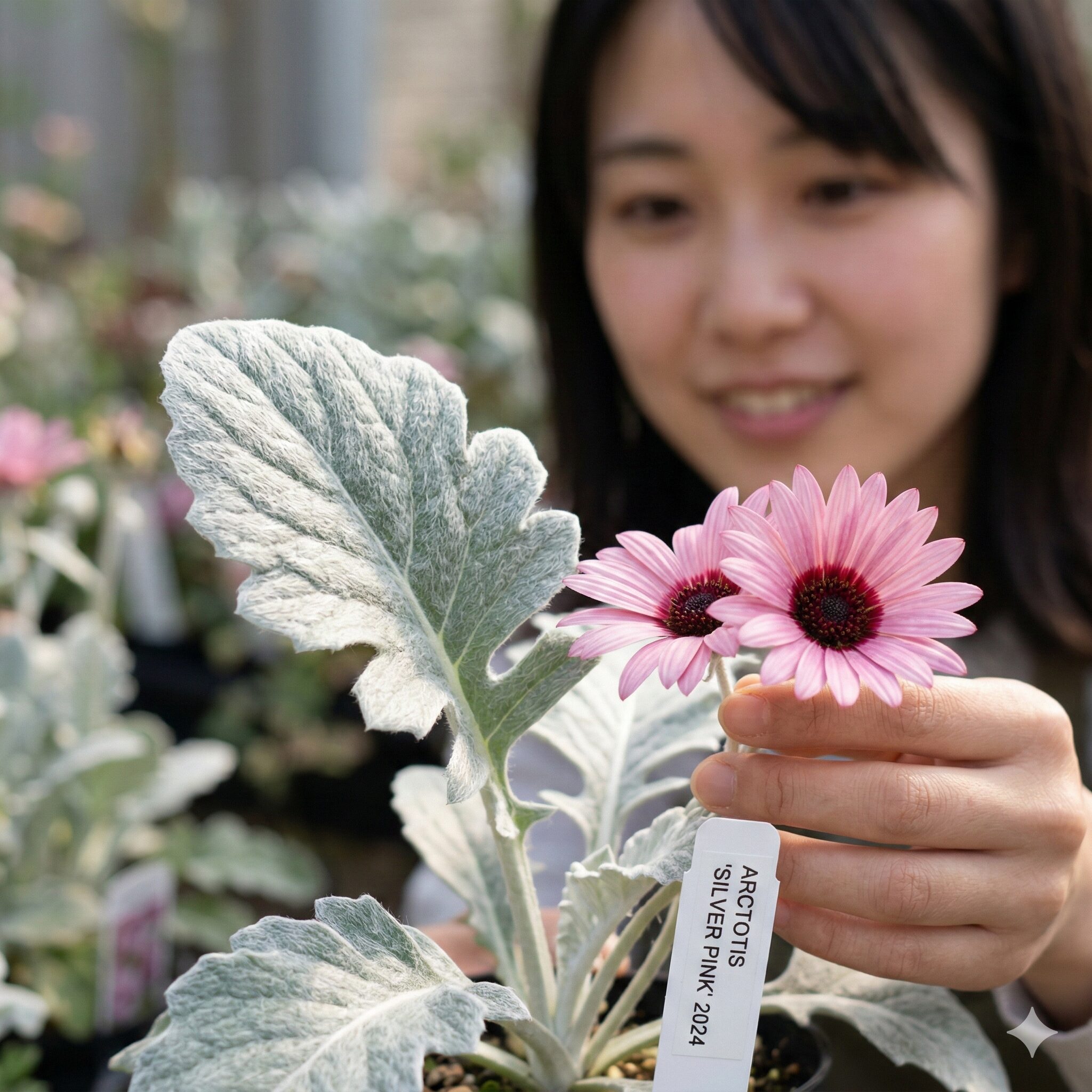 ガーベラ 似てる花2 銀白色の葉(シルバーリーフ)が美しいピンク色のアークトチスのクローズアップ