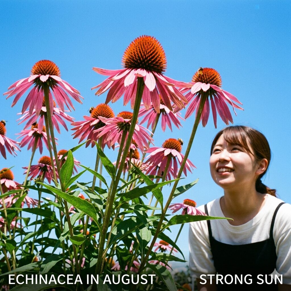 ガーベラ 似てる花3 夏の青空の下で力強く咲く、中央が盛り上がったエキナセアの群生