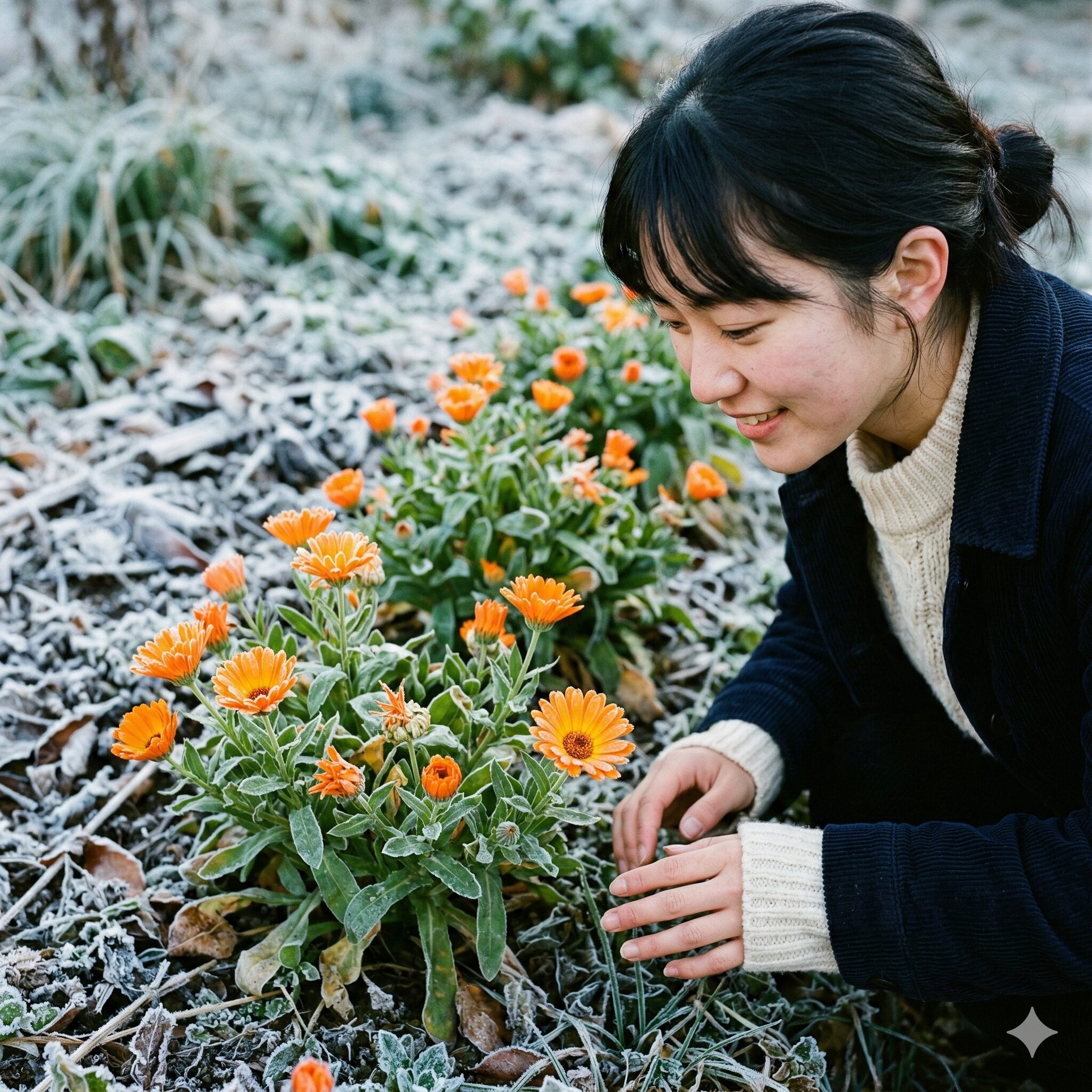 ガーベラ 似てる花4 冬の寒さの中で明るいオレンジ色の花を次々と咲かせる耐寒性の強いフユシラズ