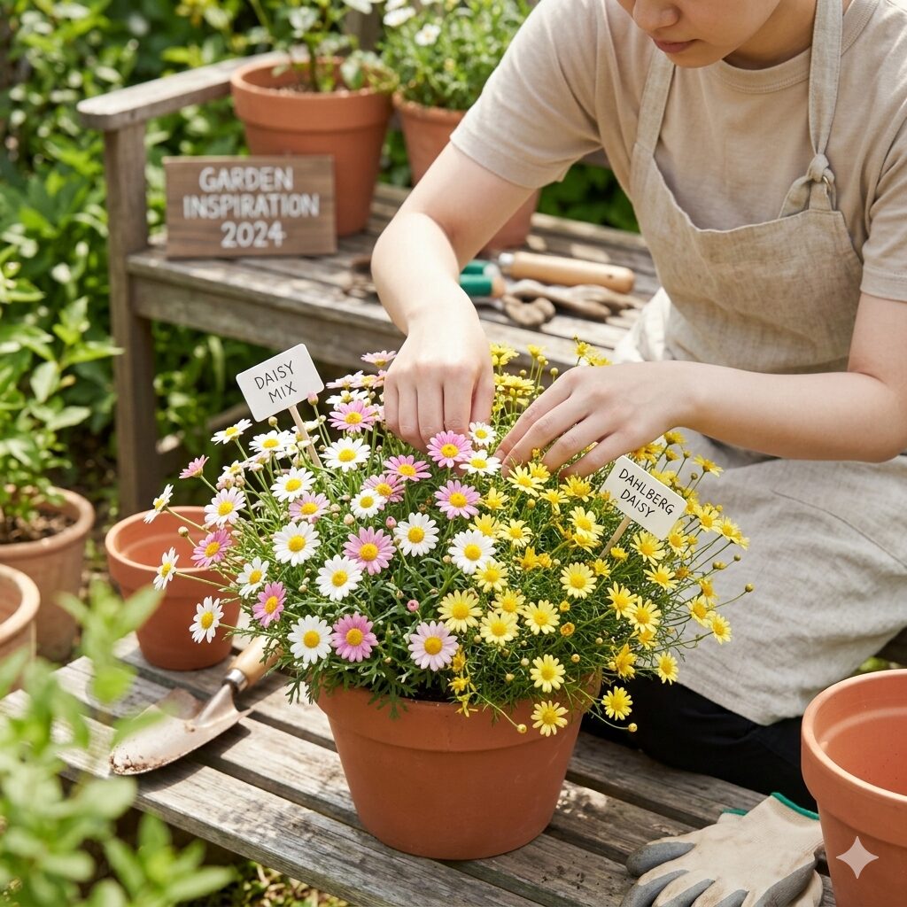 ガーベラ 似てる花5 デージーとダールベルグデージーを組み合わせた春らしい可愛らしい寄せ植え