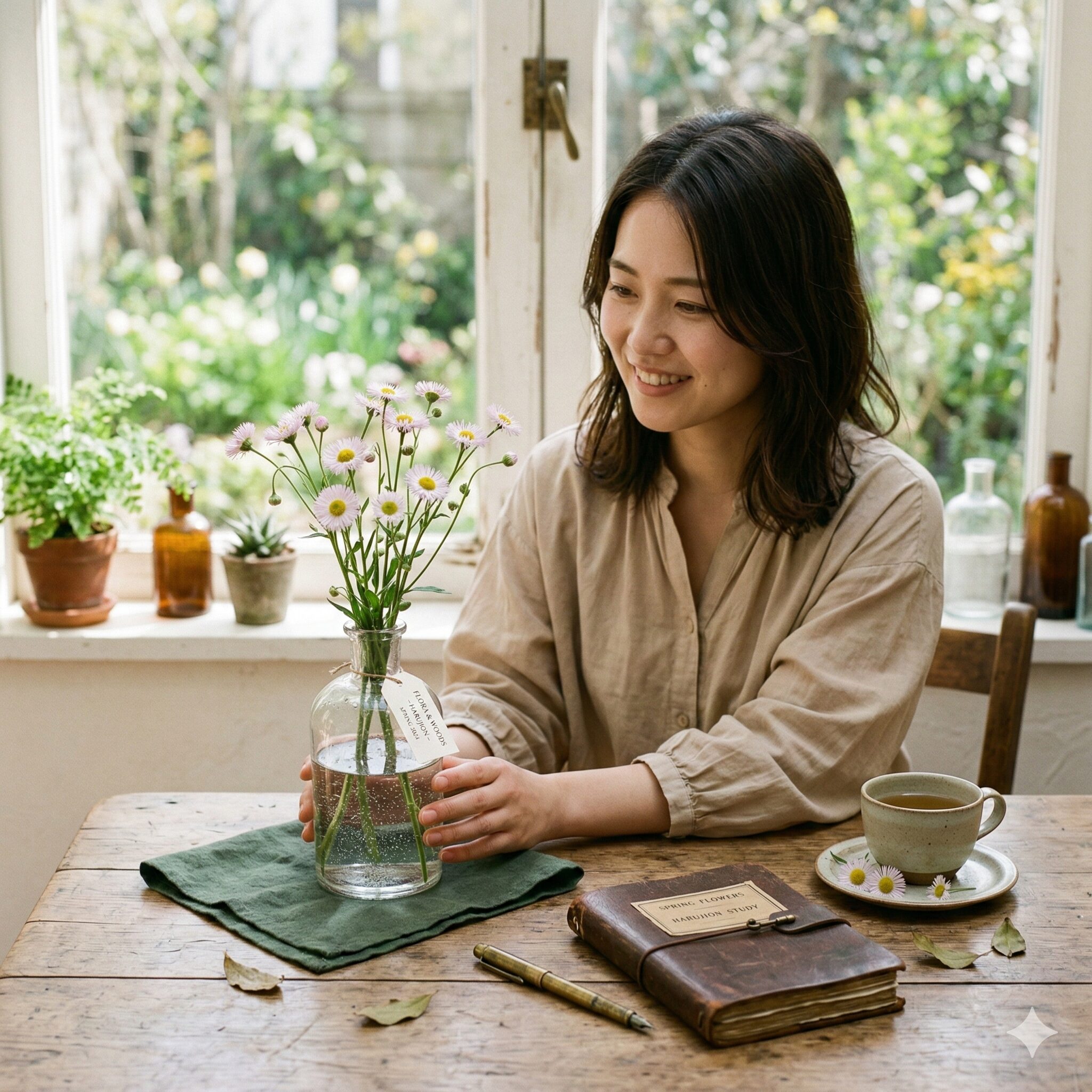 ガーベラ 似てる花6 ナチュラルなインテリアとしてガラス瓶に飾られたガーベラ似の野草ハルジオン