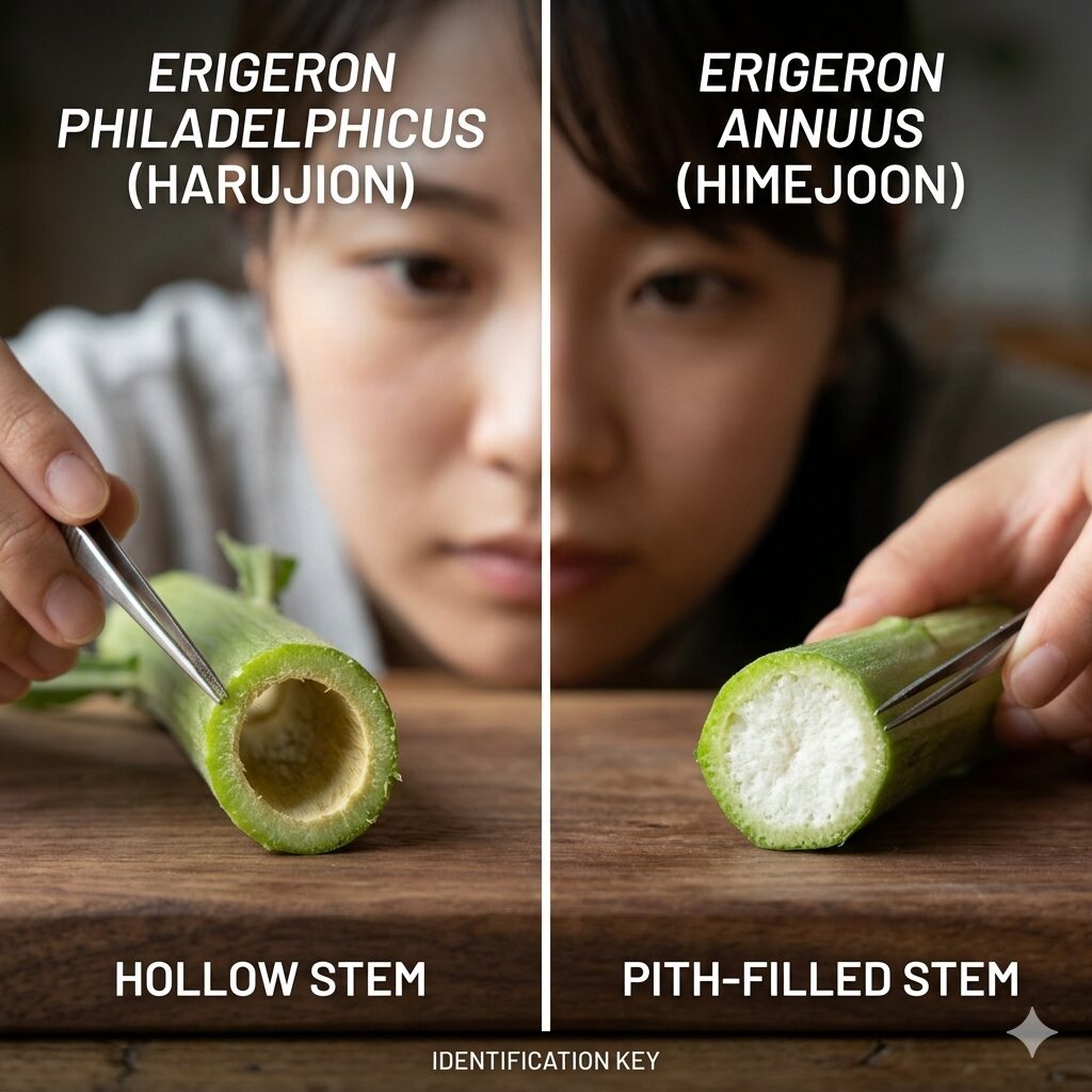 ガーベラ 似てる花7 ハルジオン(茎が空洞)とヒメジョオン(髄が詰まっている)の茎の断面比較