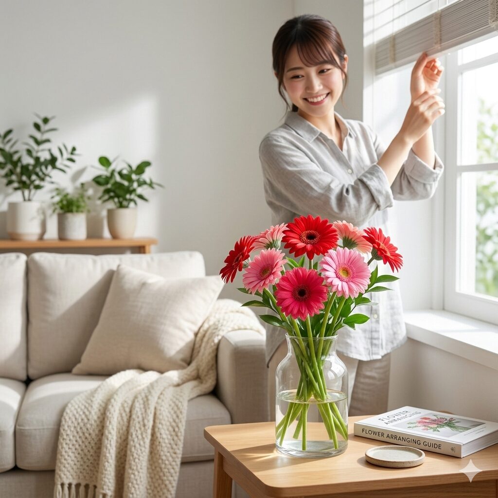 ガーベラ 切り花 日持ち1　ガーベラの切り花を透明な花瓶に飾り日持ちを良くするための管理を始めた様子