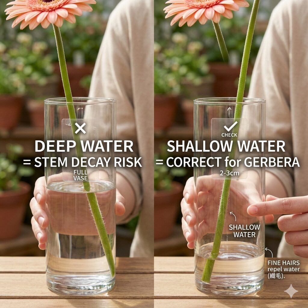 ガーベラ 切り花 日持ち2　ガーベラの茎の腐敗を防ぐための理想的な水位（2〜3cm）による浅水管理