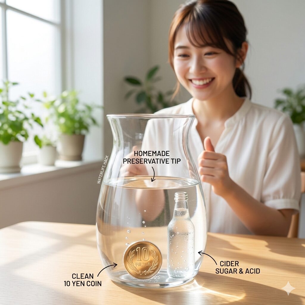 ガーベラ 切り花 日持ち5　銅イオンによる除菌効果を狙って花瓶の底に10円玉を入れたガーベラの管理