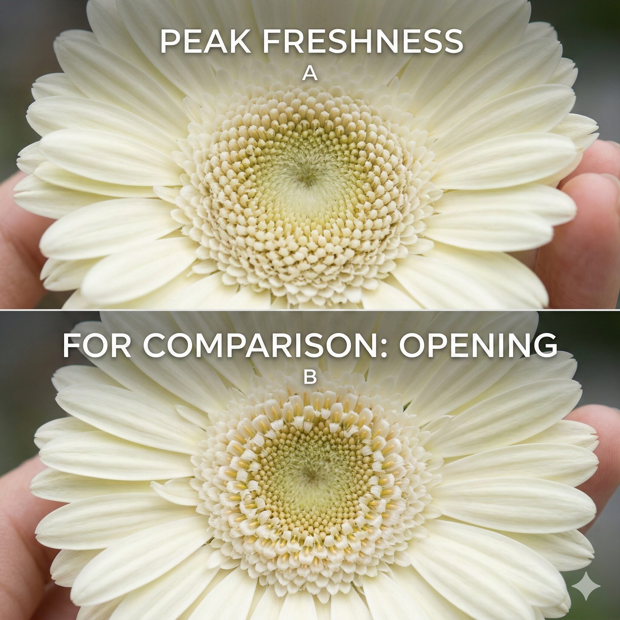 ガーベラ 切り花 日持ち6　鮮度の良いガーベラを選ぶポイントである中心部（管状花）の開き具合の観察