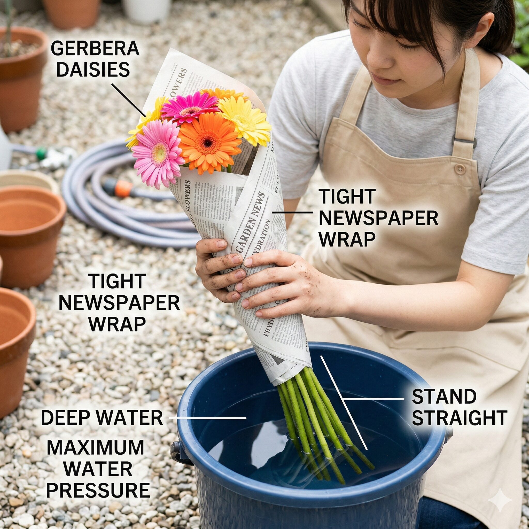 ガーベラ 切り花 日持ち7　ガーベラのベントネック（首折れ）を防ぐために新聞紙で巻いて深水につける様子