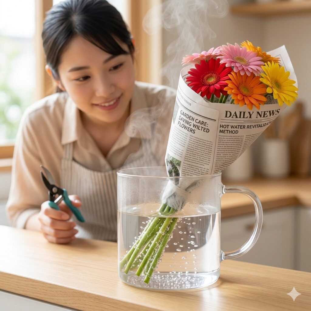 ガーベラ 切り花 日持ち8　萎れたガーベラを復活させるために熱湯を用いた湯揚げ処理の手順