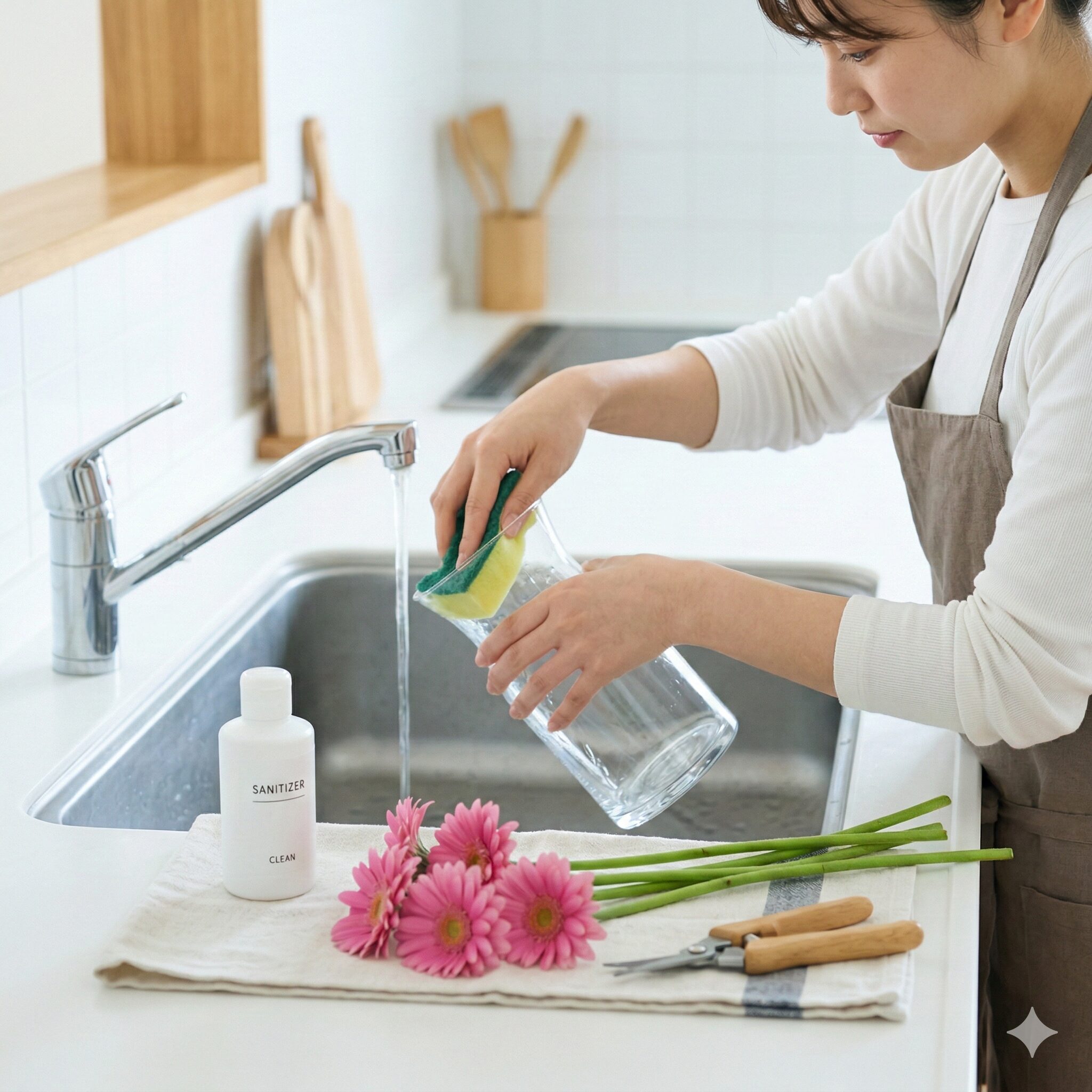 ガーベラ 切り花 日持ち9　ガーベラの日持ちを良くするために花瓶を洗浄しバイオフィルムを取り除く様子