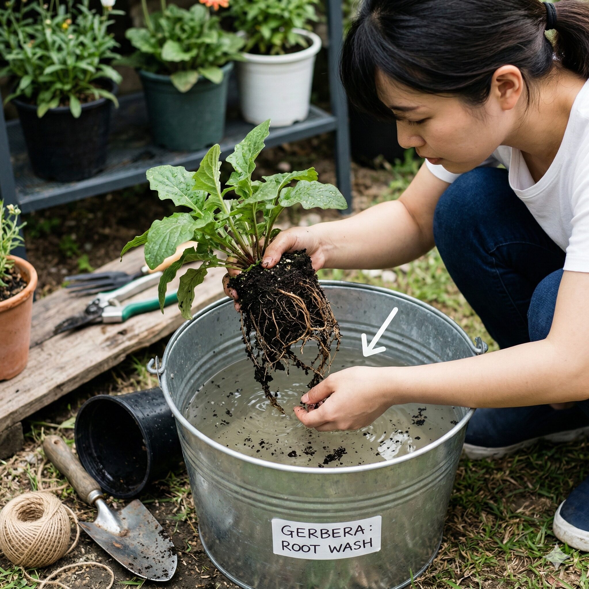 ガーベラ 水の量10　根腐れしたガーベラの救済処置として、バケツの水で根を洗い土を落とす植え替えの準備工程。