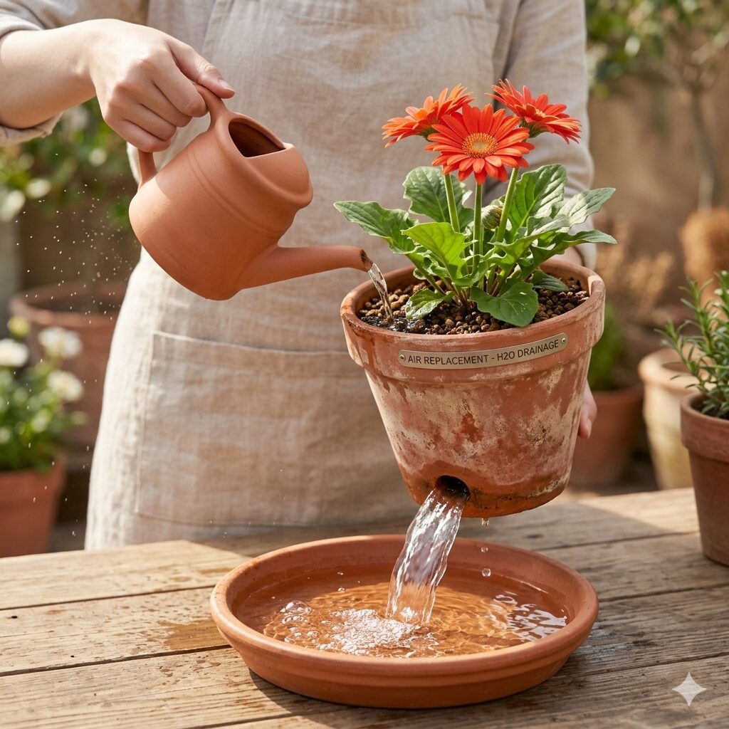 ガーベラ 水の量4　ガーベラの鉢植えにたっぷりと水を与え、鉢底から水が流れ出ている様子。酸素供給と老廃物排出のイメージ。