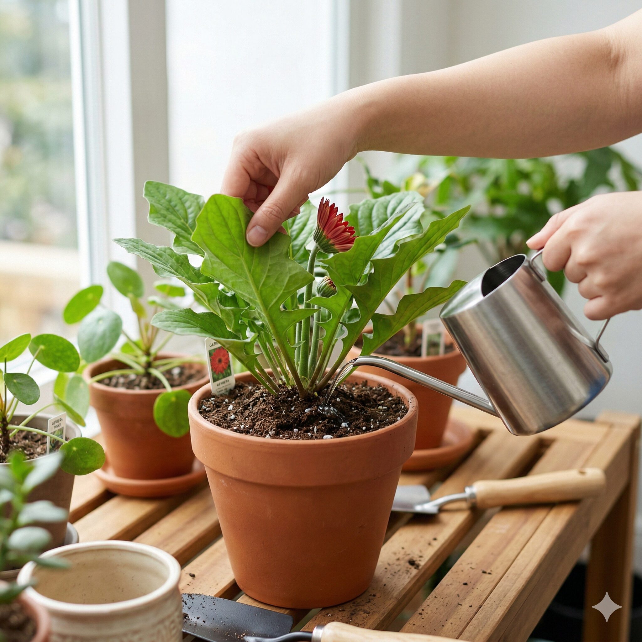 ガーベラ 水の量5　ガーベラのクラウンを避けて株元の土に直接水やりをする、正しいジョウロの使い方の実例。