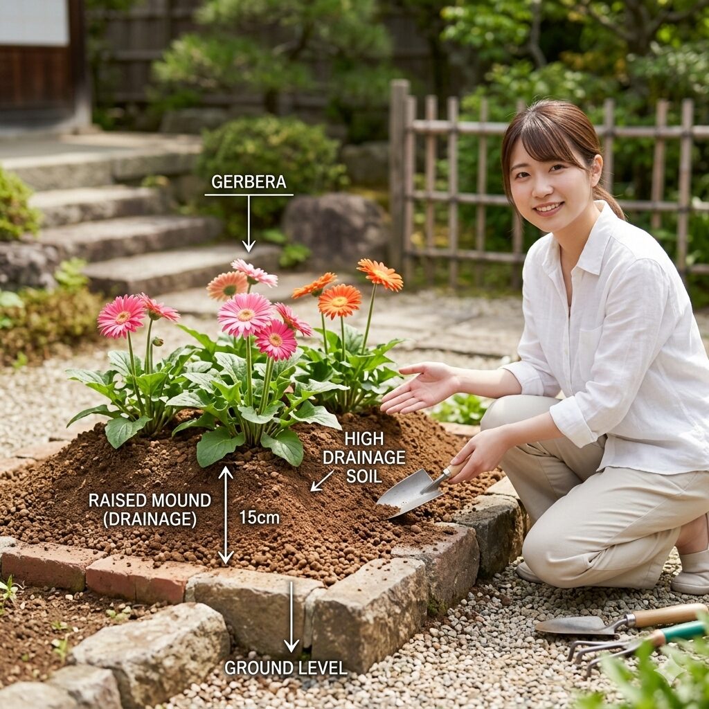 ガーベラ 水の量6　地植えガーベラの根腐れを防ぐための「高畝（たかうね）」栽培のイメージ。水はけを良くする植え付け方法。