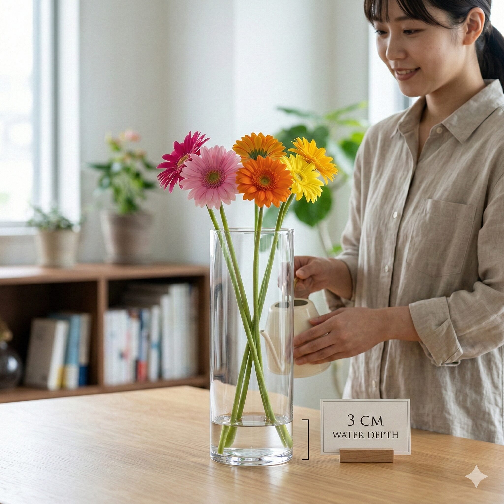 ガーベラ 水の量7　切り花のガーベラを長持ちさせる「浅水（あさみず）」管理の適量。水位3cm程度のイメージ。