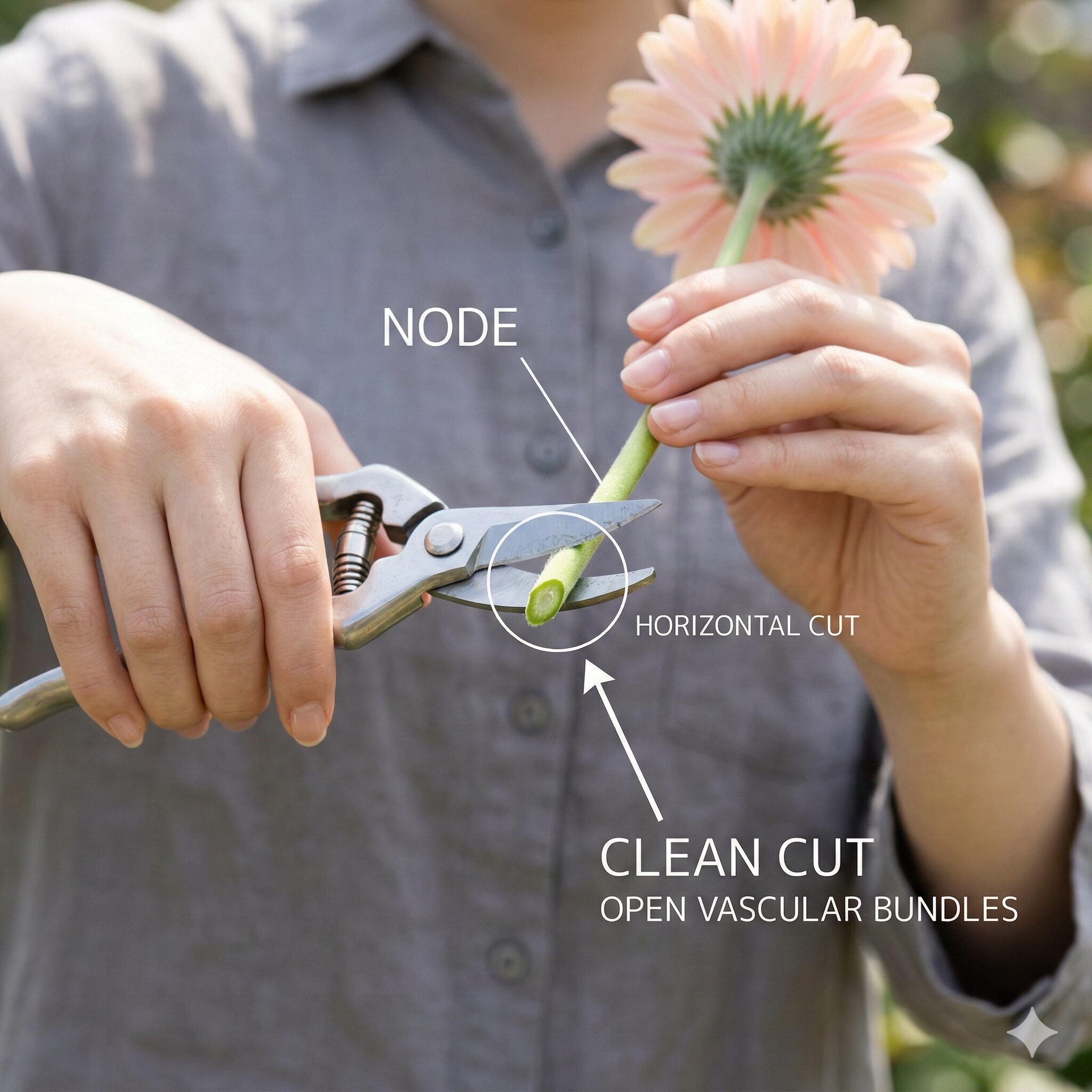 ガーベラ 水の量8　ガーベラの切り花を長持ちさせるメンテナンス「切り戻し」で、茎の先端をカットする手元写真。