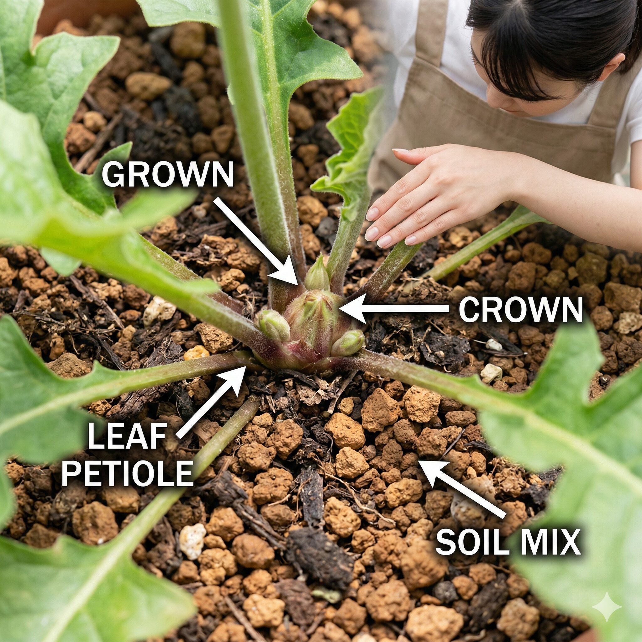 ガーベラ 育て方 冬越し2　ガーベラの株元にある「クラウン」と呼ばれる成長点の拡大写真