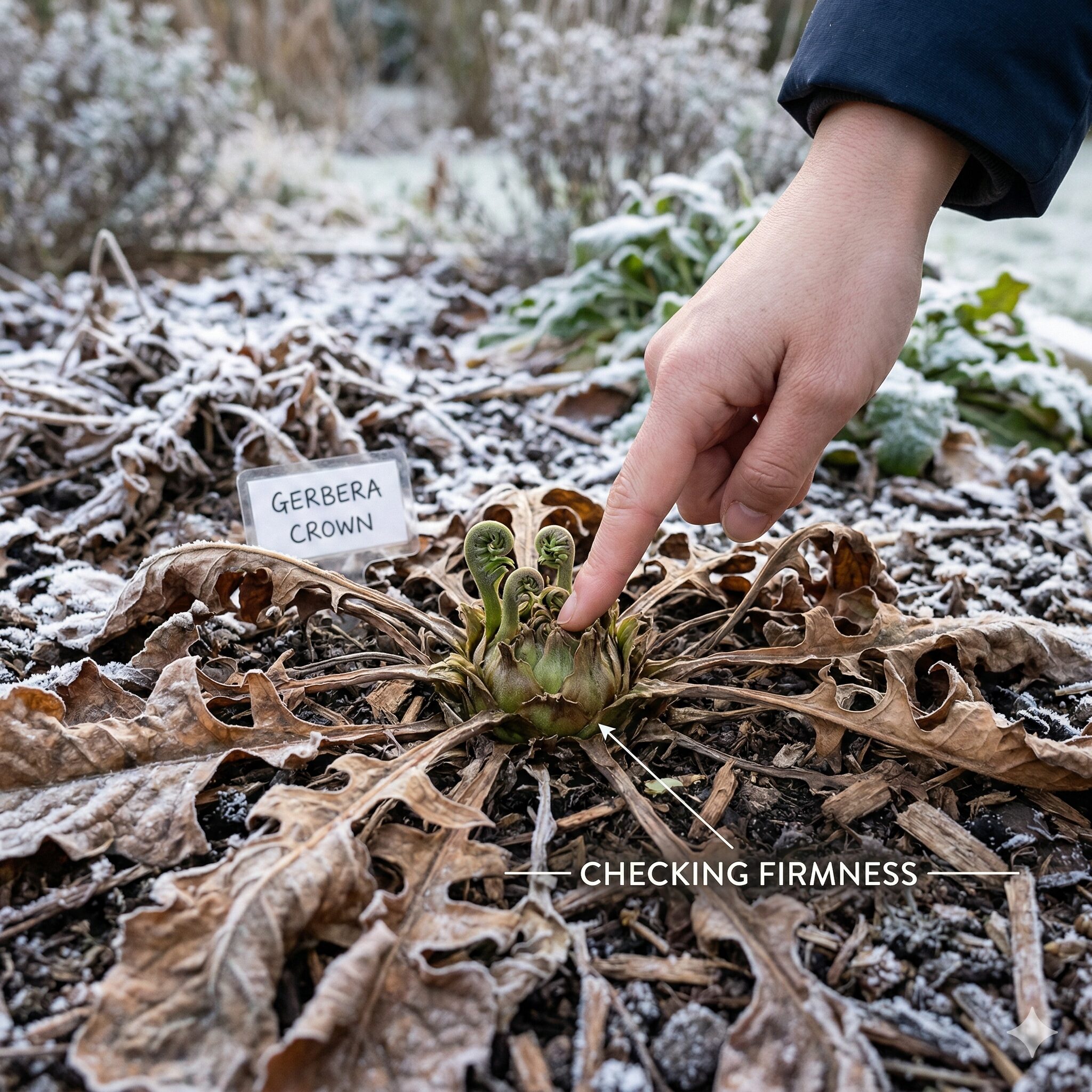 ガーベラ 育て方 冬越し3　冬のガーベラの生存を確認するために指でクラウンの硬さをチェックする様子