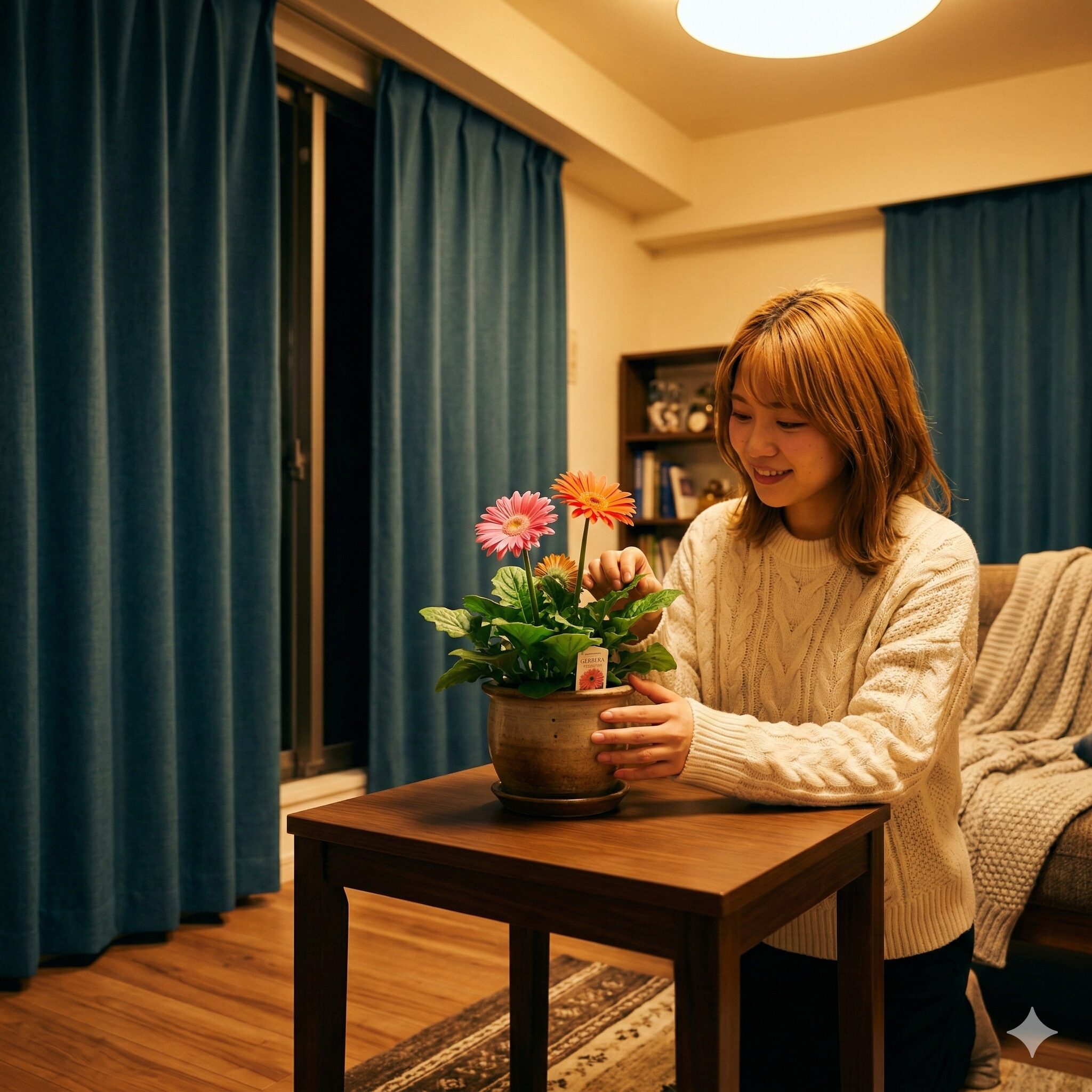 ガーベラ 育て方 冬越し5　冬の夜間に窓際の冷気を避けるため部屋の中央へ移動させたガーベラの鉢植え