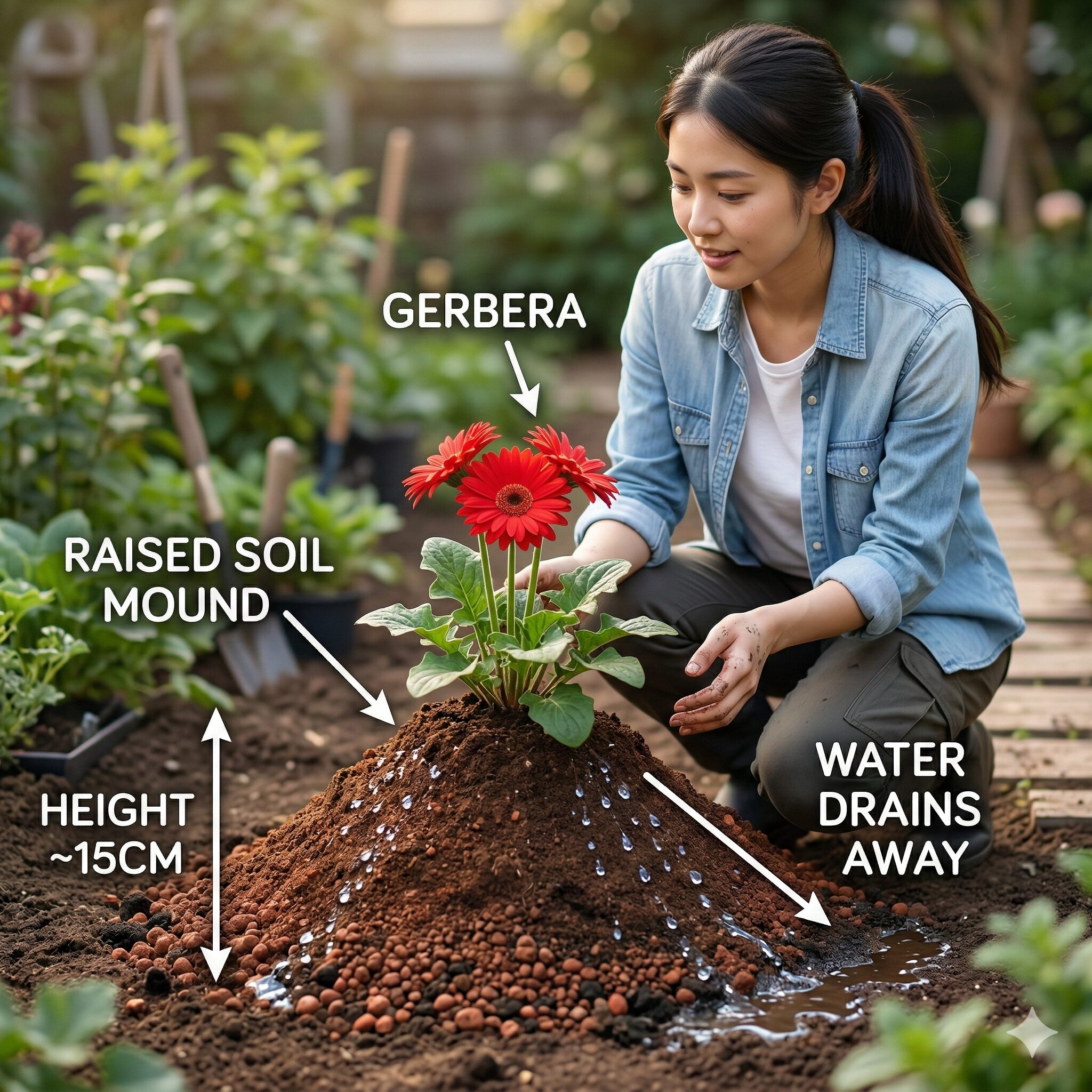 ガーベラ 育て方 冬越し7　排水性を高めるために土を盛り上げて植えられた地植えのガーベラ