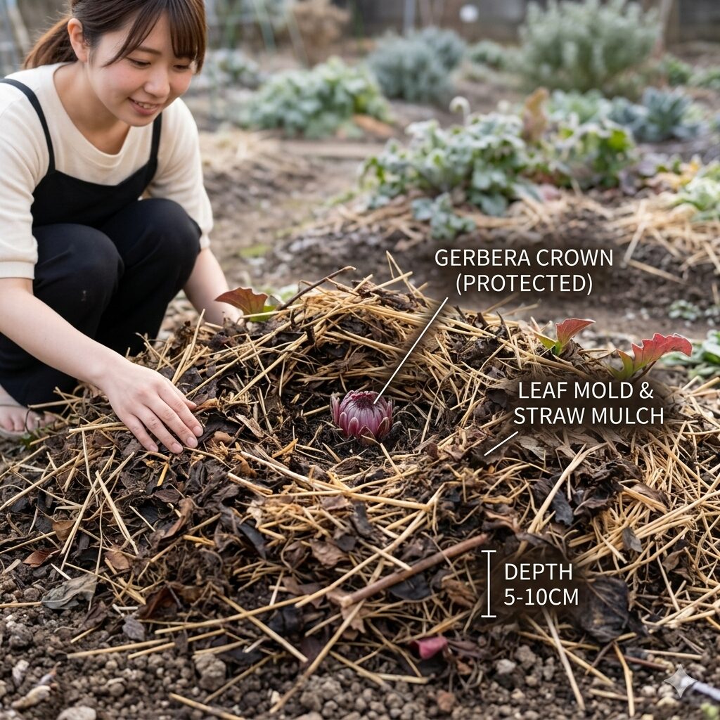 ガーベラ 育て方 冬越し8　冬の防寒対策としてガーベラの株元に敷き詰められた腐葉土とワラのマルチング