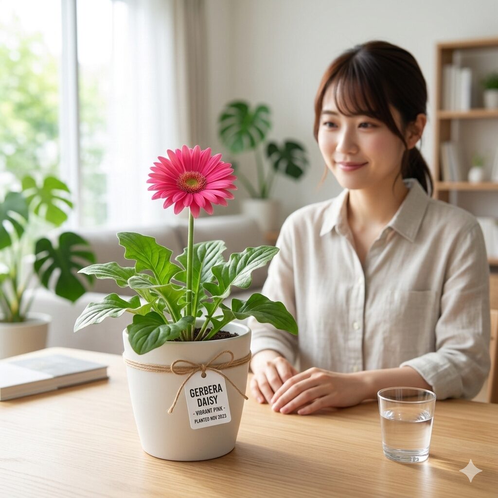ガーベラ 育て方 室内1　室内で健康に育つ鮮やかなピンクのガーベラの鉢植えと明るいリビングの風景。