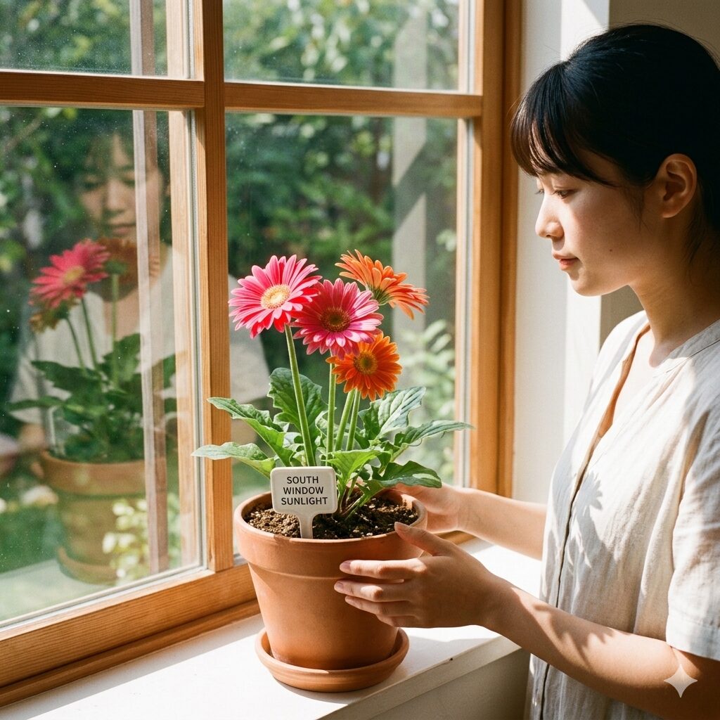 ガーベラ 育て方 室内2　ガーベラの室内栽培に最適な南向きの明るい窓際の日当たり環境。