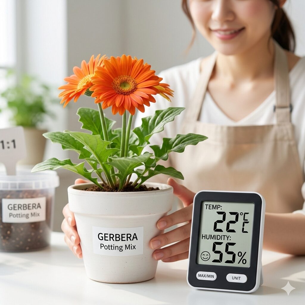 ガーベラ 育て方 室内5　ガーベラの健康維持に欠かせない室内温度と湿度の徹底管理。