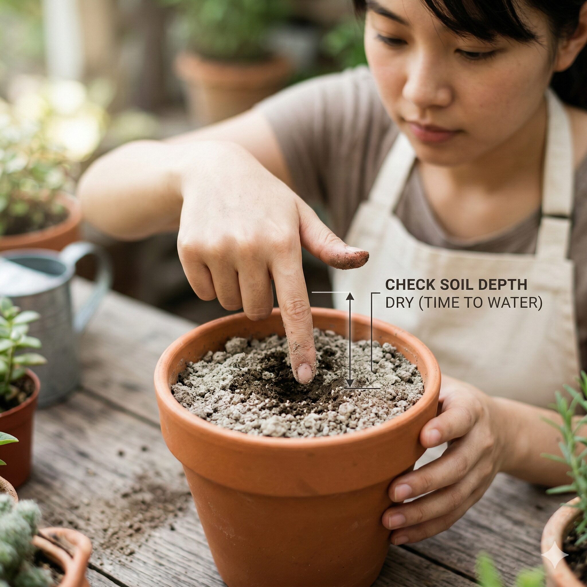 ガーベラ 育て方 室内6　ガーベラの水やりタイミングを判断するために土の乾き具合を指で確認する様子。