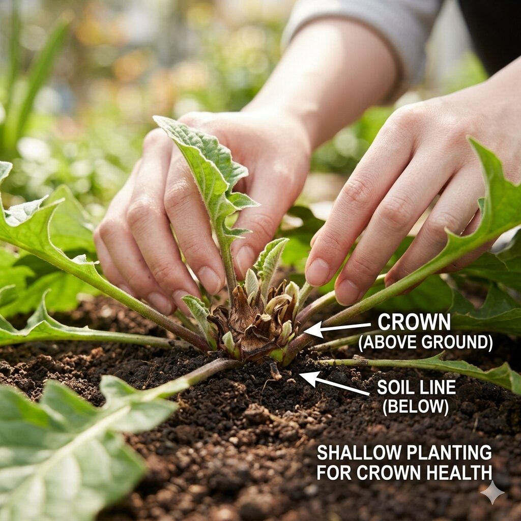 ガーベラ 育て方 室内7　根腐れを防ぐためのガーベラの正しい植え付け方（クラウンを露出させた浅植え）。