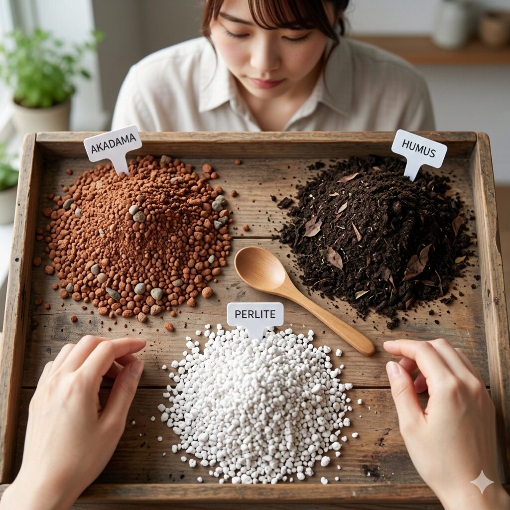 ガーベラ 育て方 室内8　室内でのガーベラ栽培に最適な赤玉土・腐葉土・パーライトの配合土。