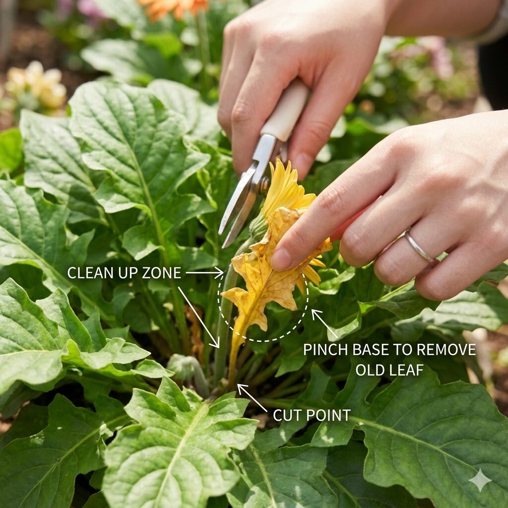 ガーベラ 育て方 室内9　ガーベラの新芽に光を当てるために古い葉を取り除く「葉かき」の作業手順。