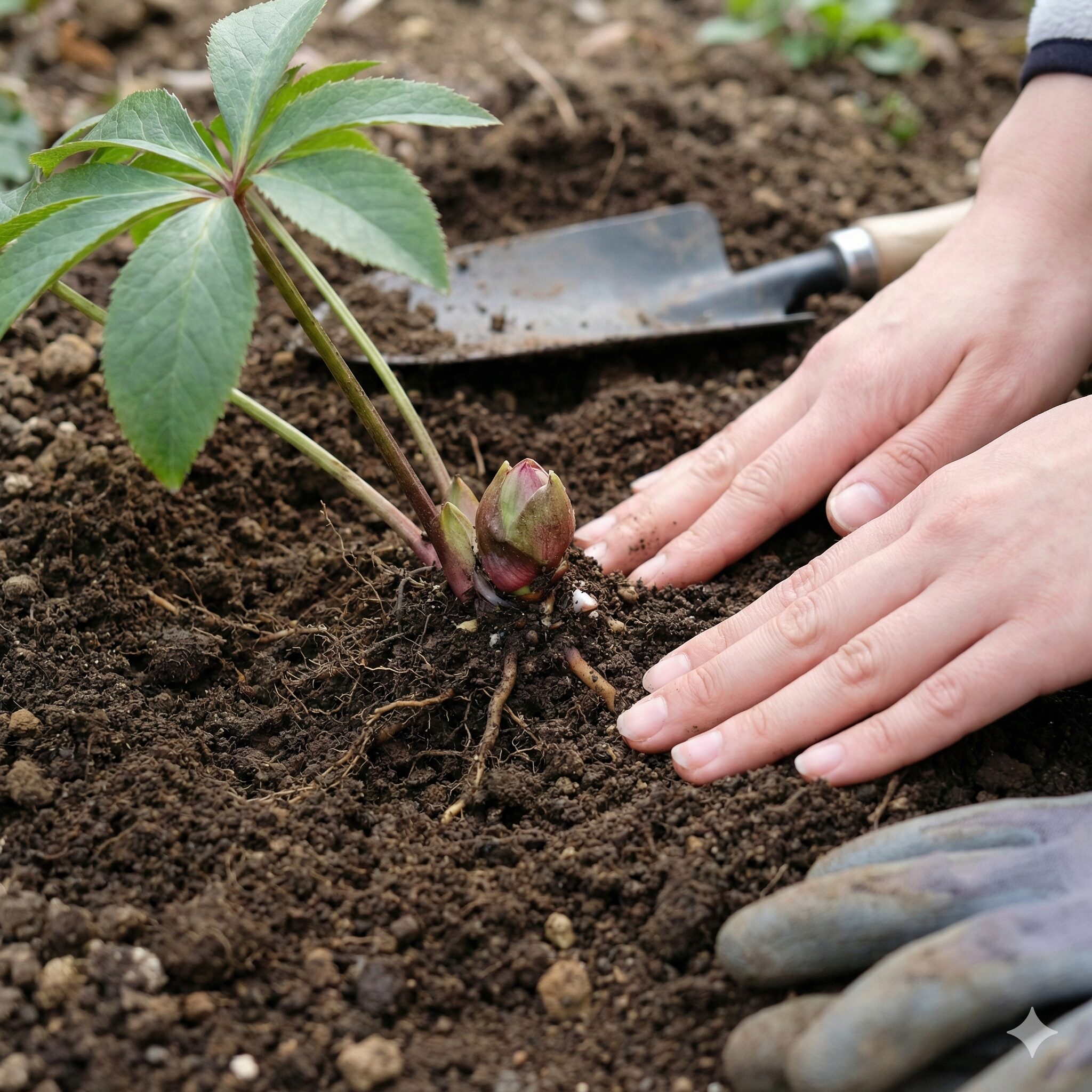 クリスマスローズ 地植え 移動10 芽が土に埋まらないように正しく浅植えされたクリスマスローズの株元