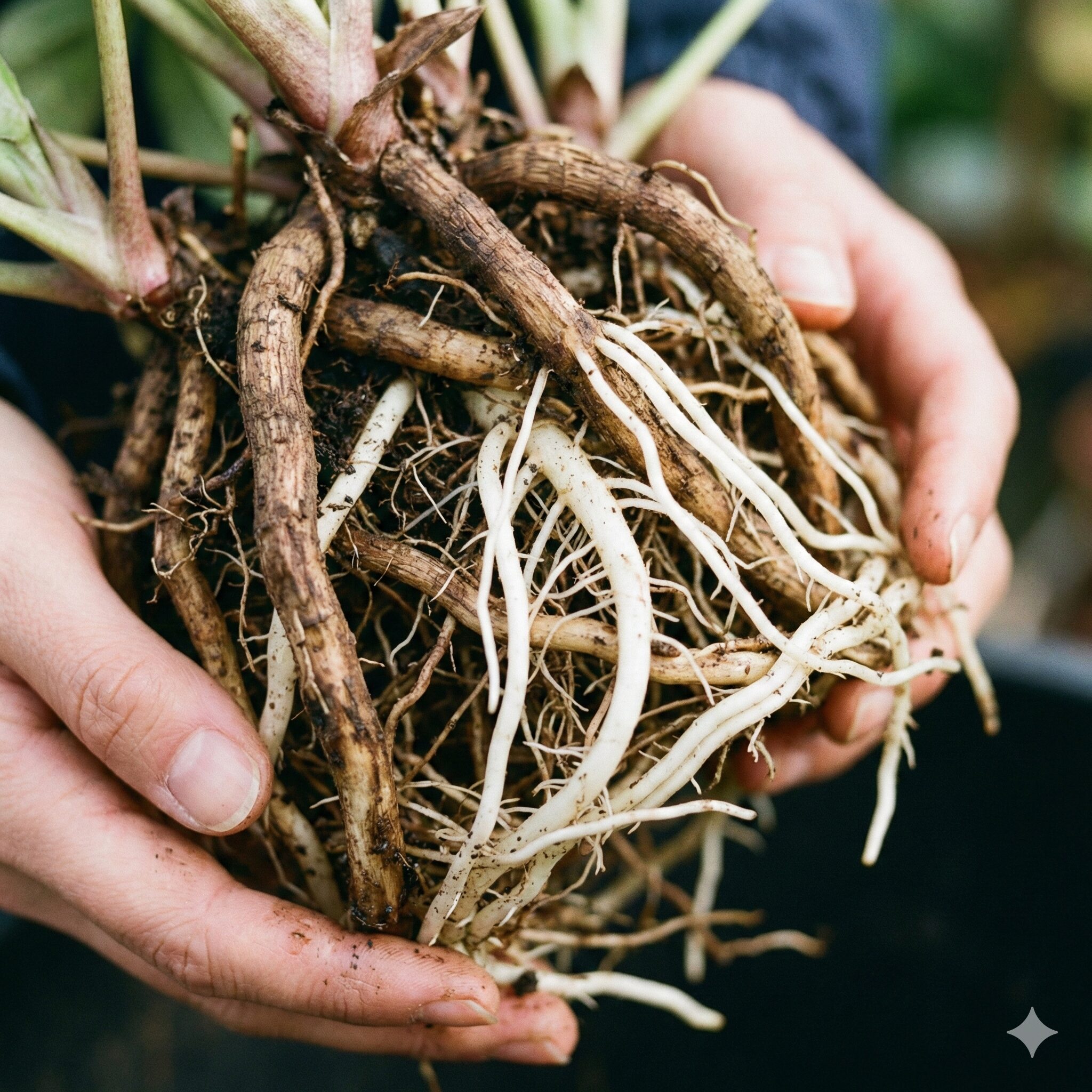 クリスマスローズ 地植え 移動2 秋に活発に伸び始めたクリスマスローズの白く健康な新根