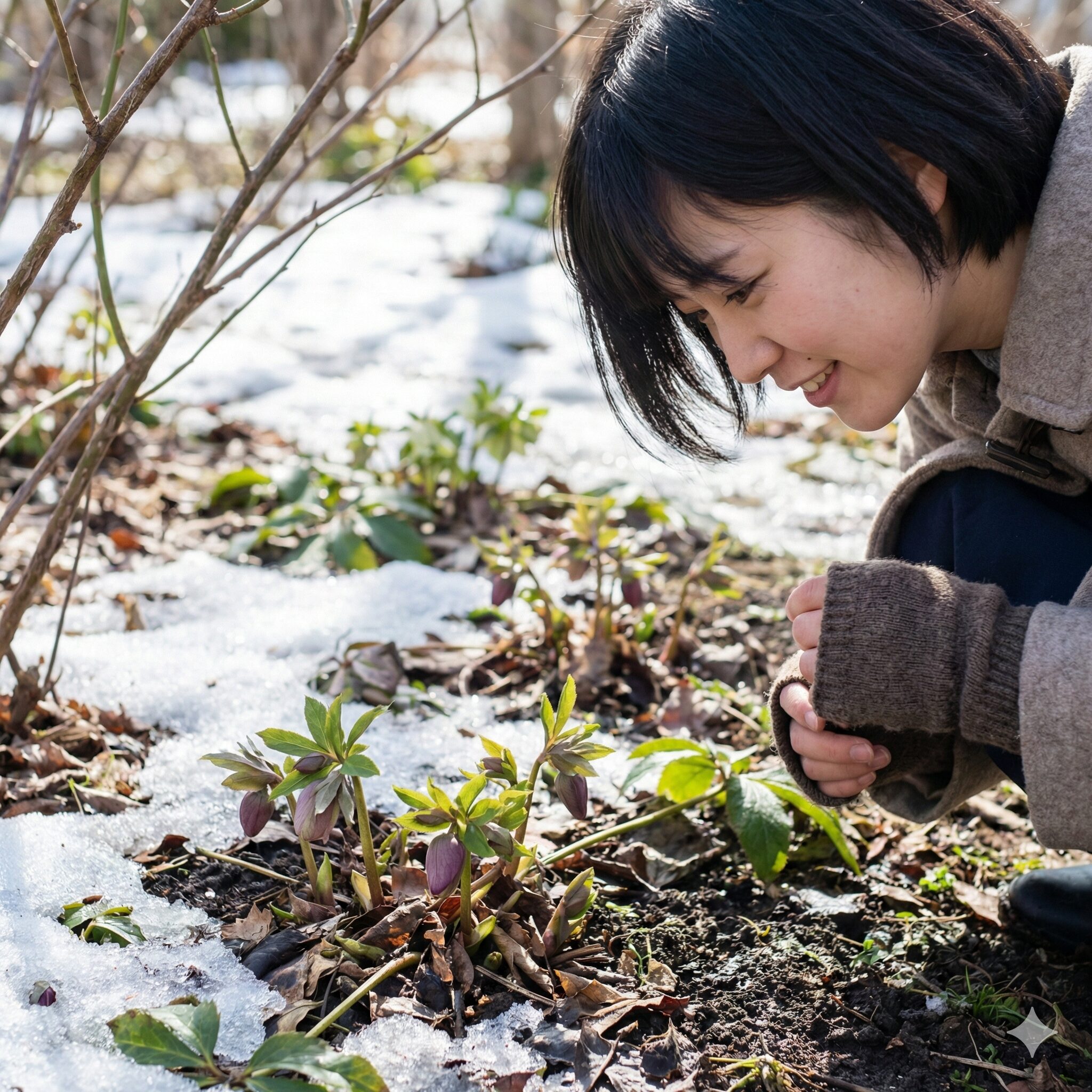 クリスマスローズ 地植え 移動3 寒冷地の雪解け直後に力強く芽吹き始めたクリスマスローズ