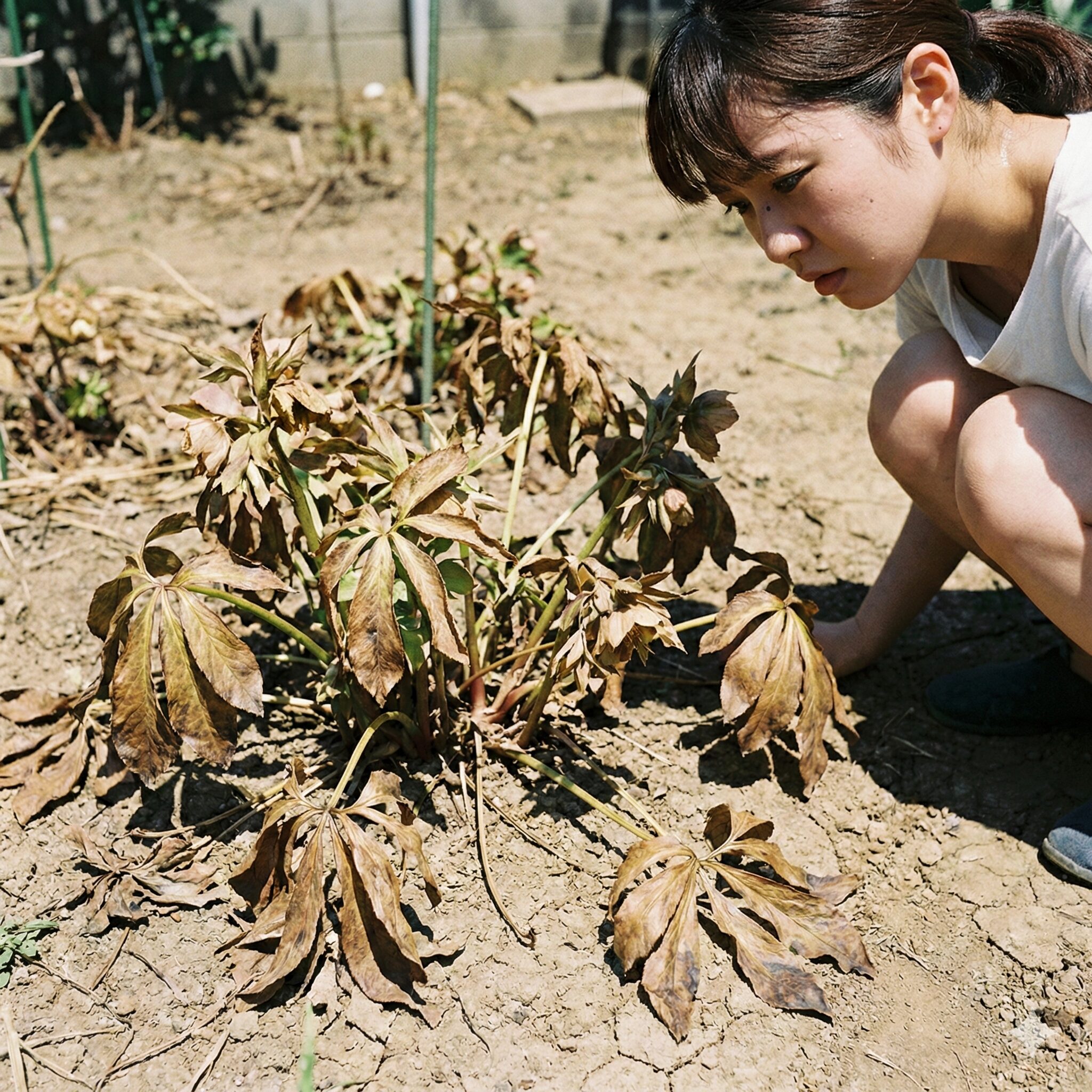 クリスマスローズ 地植え 移動4 夏の直射日光で葉が萎れ休眠状態にあるクリスマスローズ