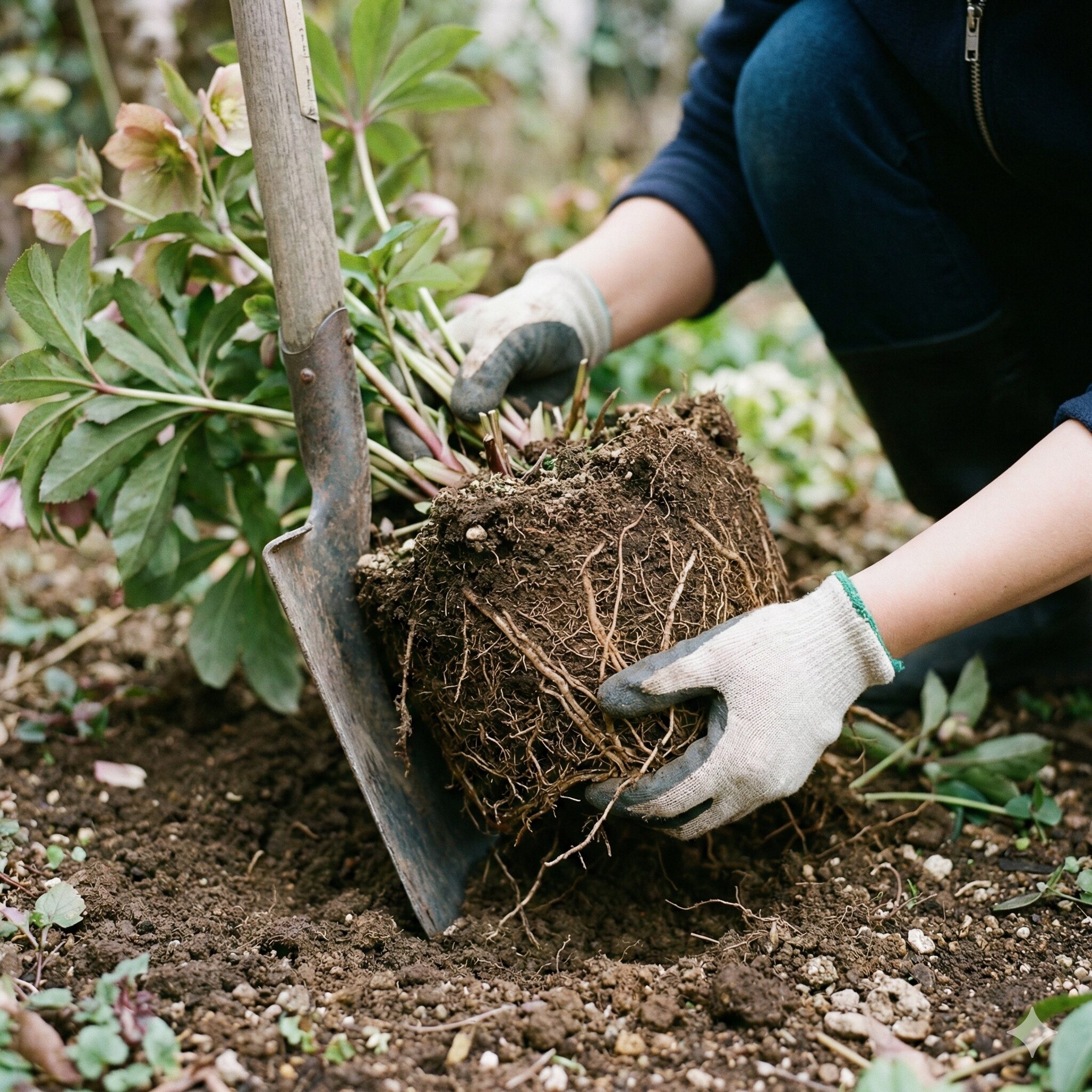 クリスマスローズ 地植え 移動5 根鉢を崩さないように土ごと大きく掘り上げるクリスマスローズの移動作業